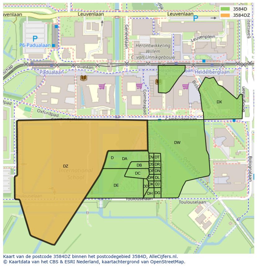 Afbeelding van het postcodegebied 3584 DZ op de kaart.