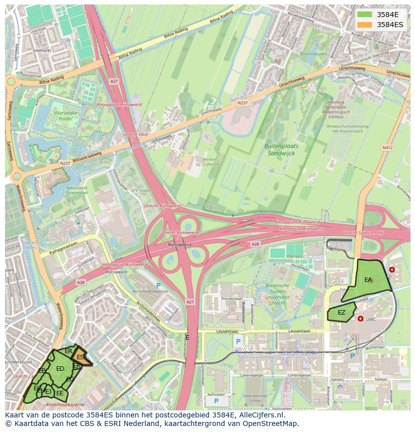 Afbeelding van het postcodegebied 3584 ES op de kaart.
