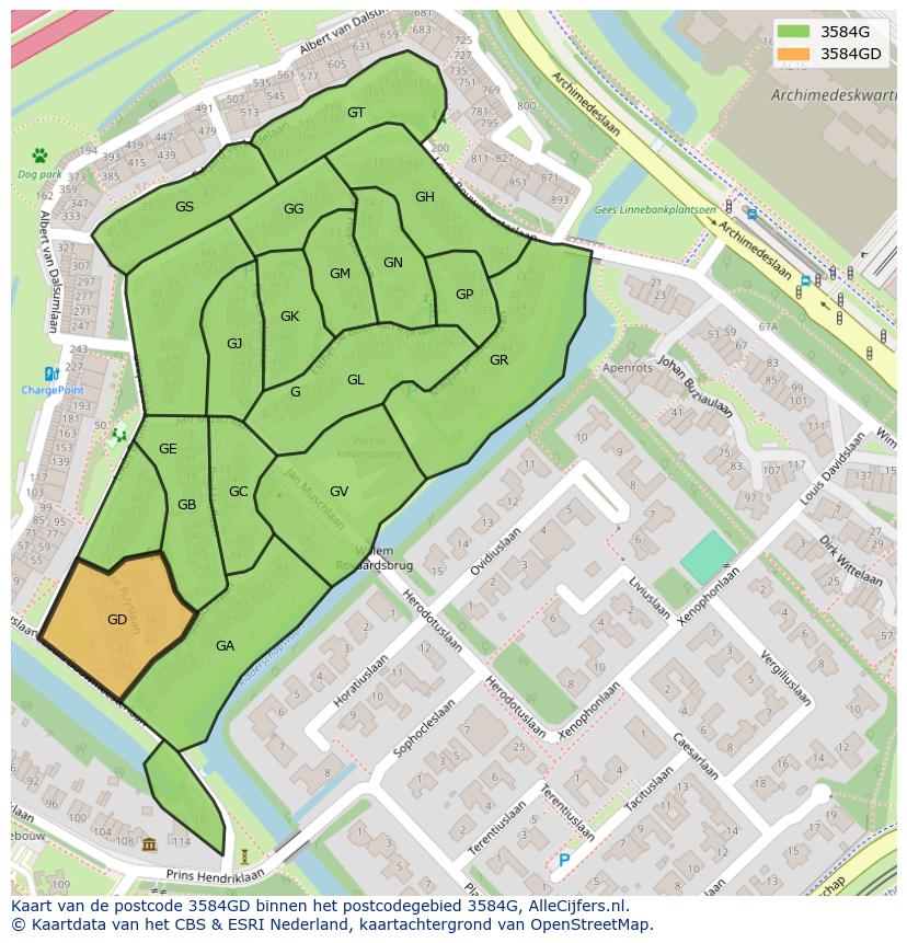 Afbeelding van het postcodegebied 3584 GD op de kaart.