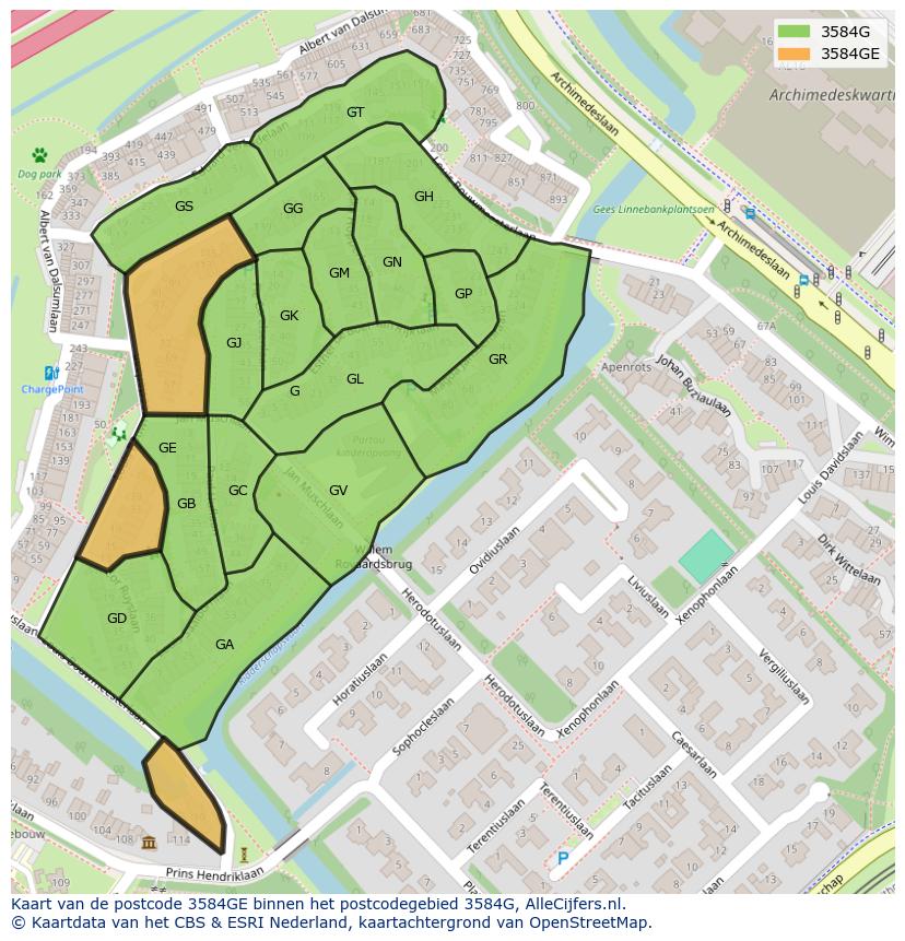 Afbeelding van het postcodegebied 3584 GE op de kaart.