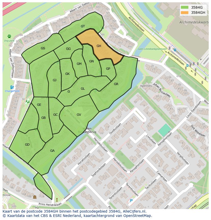 Afbeelding van het postcodegebied 3584 GH op de kaart.