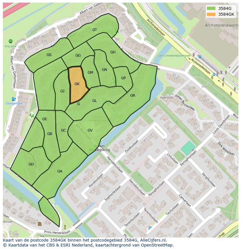 Afbeelding van het postcodegebied 3584 GK op de kaart.