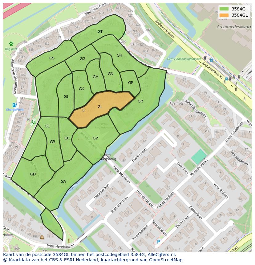 Afbeelding van het postcodegebied 3584 GL op de kaart.