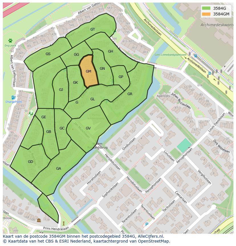 Afbeelding van het postcodegebied 3584 GM op de kaart.