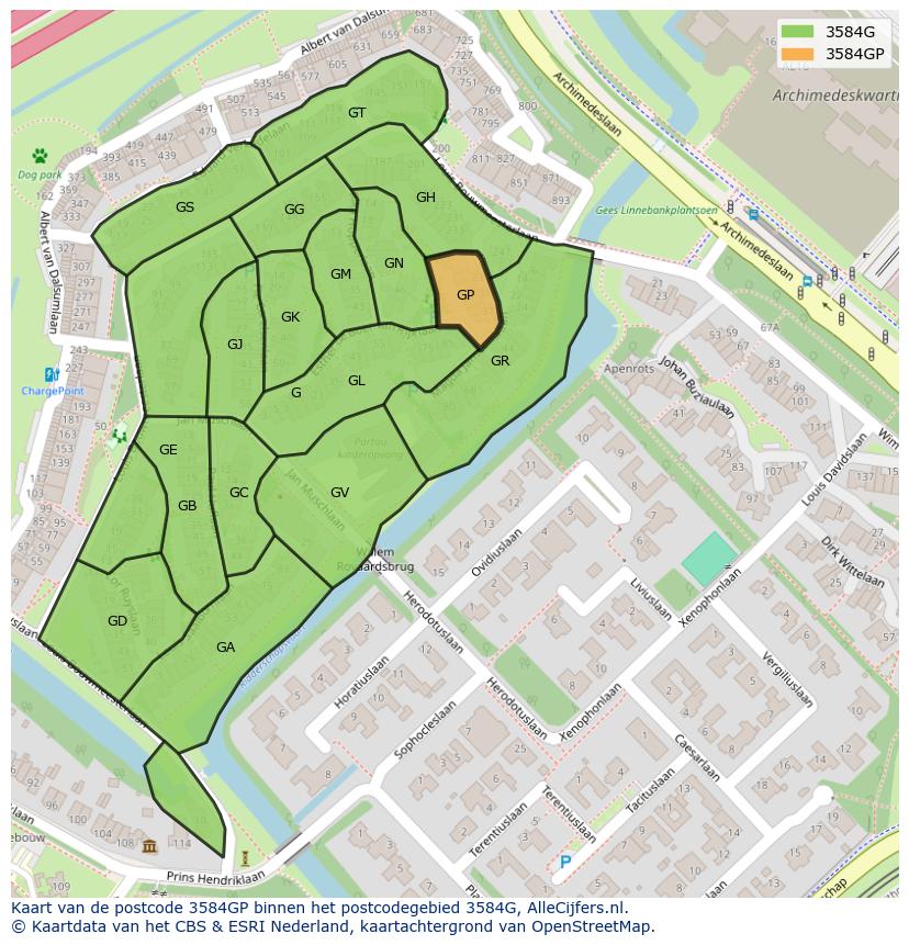 Afbeelding van het postcodegebied 3584 GP op de kaart.