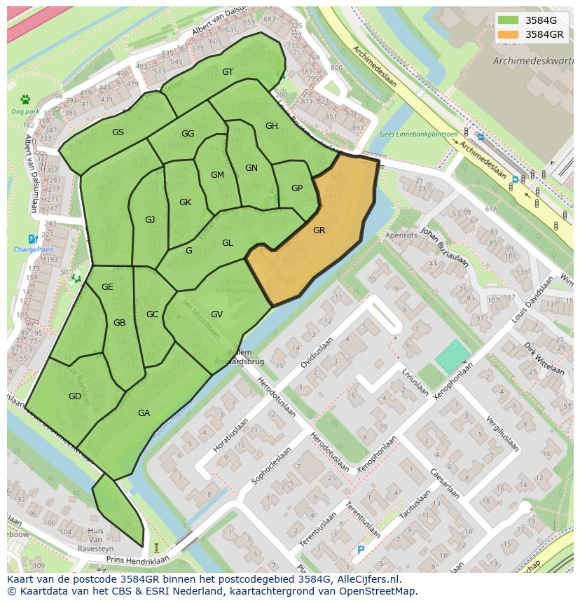Afbeelding van het postcodegebied 3584 GR op de kaart.
