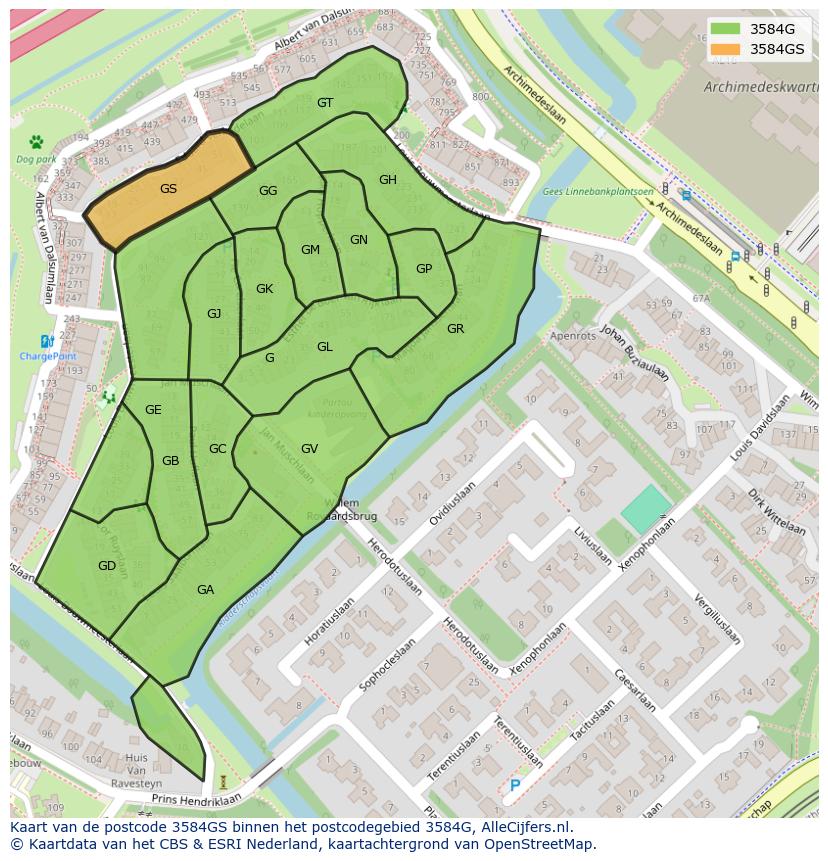 Afbeelding van het postcodegebied 3584 GS op de kaart.