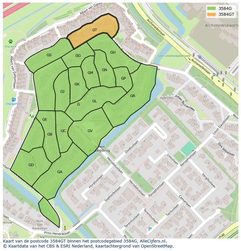 Afbeelding van het postcodegebied 3584 GT op de kaart.