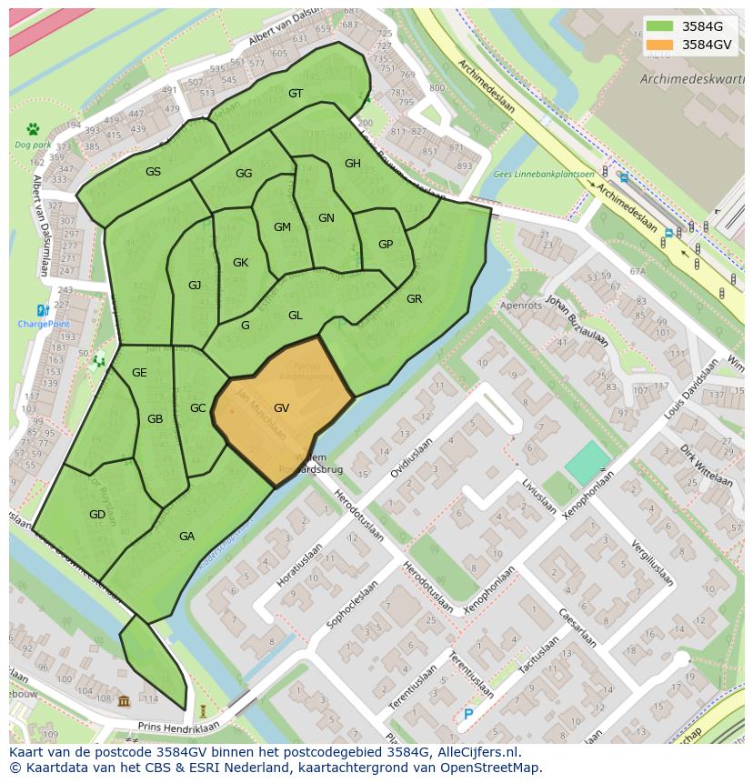 Afbeelding van het postcodegebied 3584 GV op de kaart.