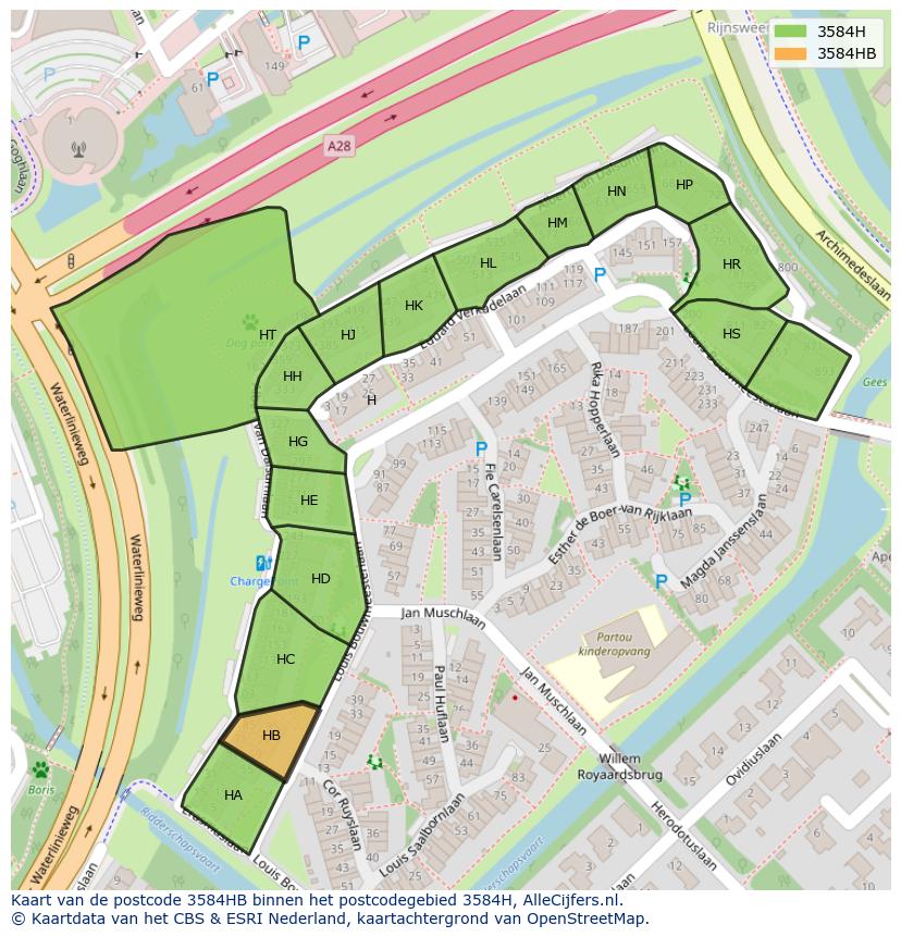 Afbeelding van het postcodegebied 3584 HB op de kaart.