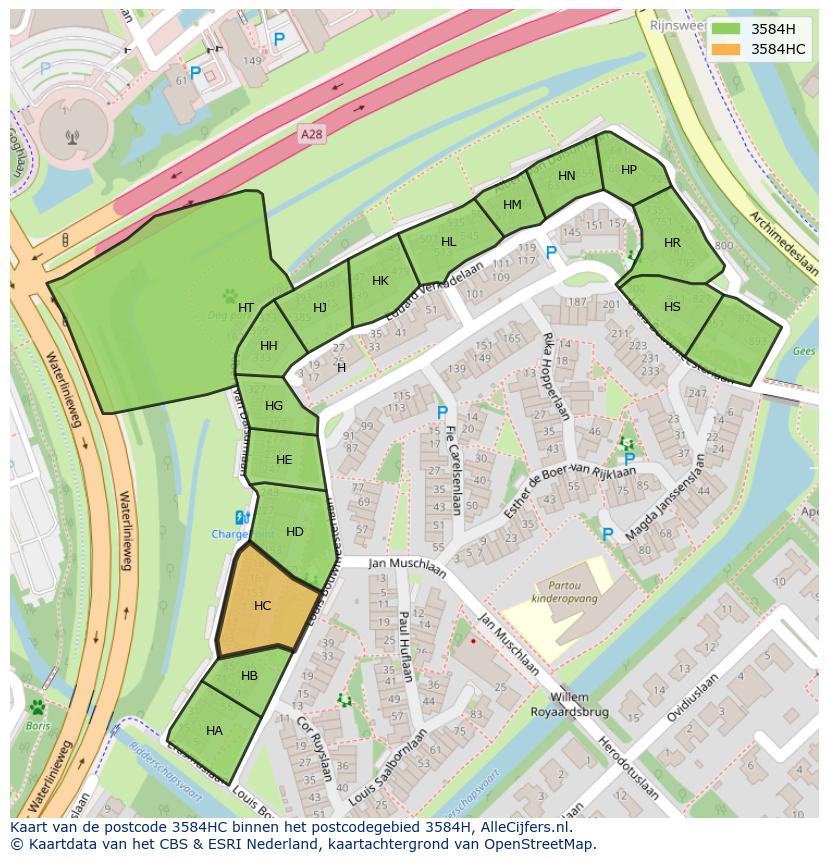 Afbeelding van het postcodegebied 3584 HC op de kaart.