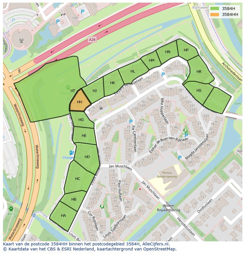Afbeelding van het postcodegebied 3584 HH op de kaart.
