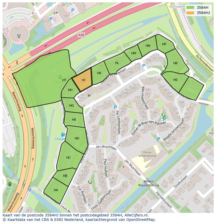 Afbeelding van het postcodegebied 3584 HJ op de kaart.