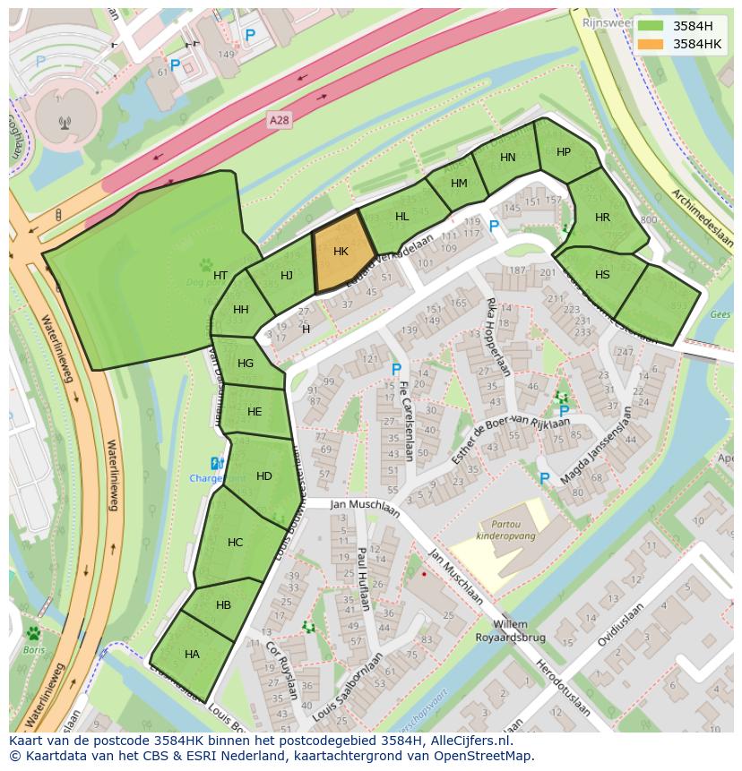 Afbeelding van het postcodegebied 3584 HK op de kaart.