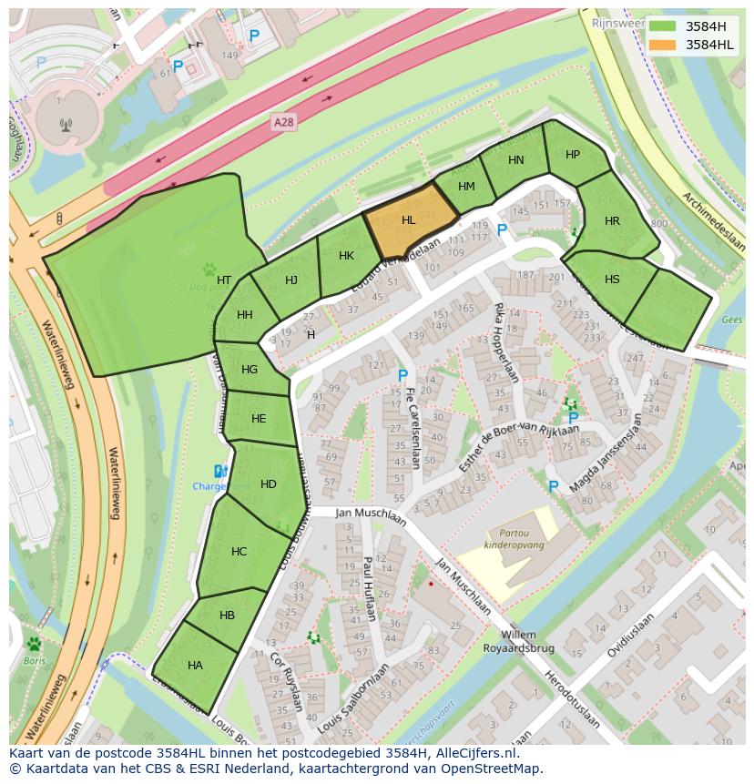 Afbeelding van het postcodegebied 3584 HL op de kaart.