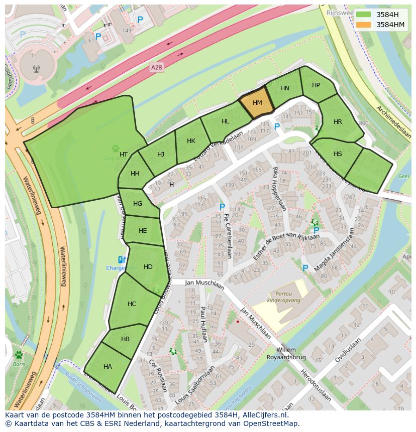 Afbeelding van het postcodegebied 3584 HM op de kaart.