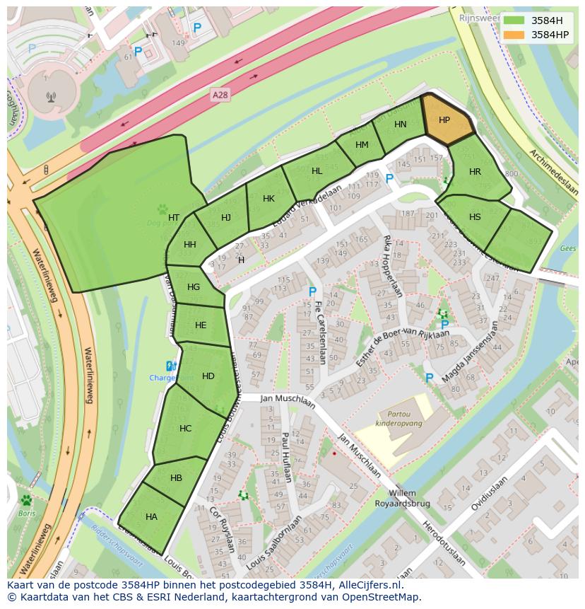 Afbeelding van het postcodegebied 3584 HP op de kaart.