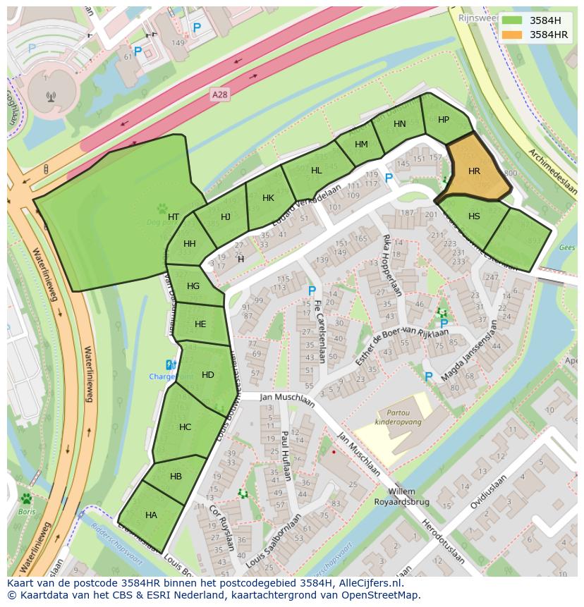 Afbeelding van het postcodegebied 3584 HR op de kaart.
