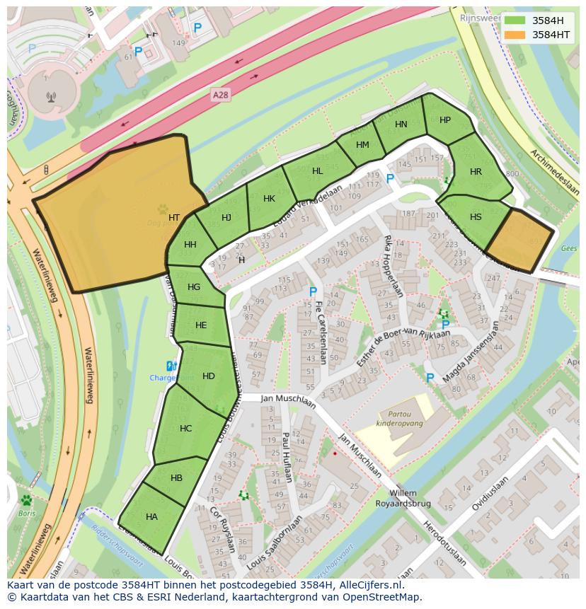 Afbeelding van het postcodegebied 3584 HT op de kaart.