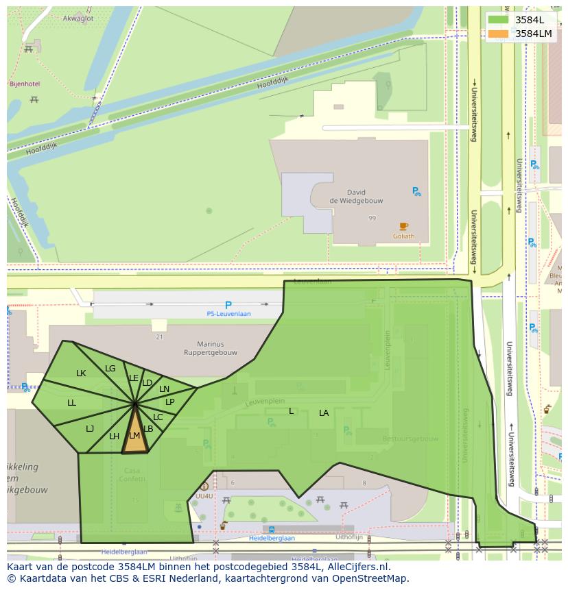 Afbeelding van het postcodegebied 3584 LM op de kaart.