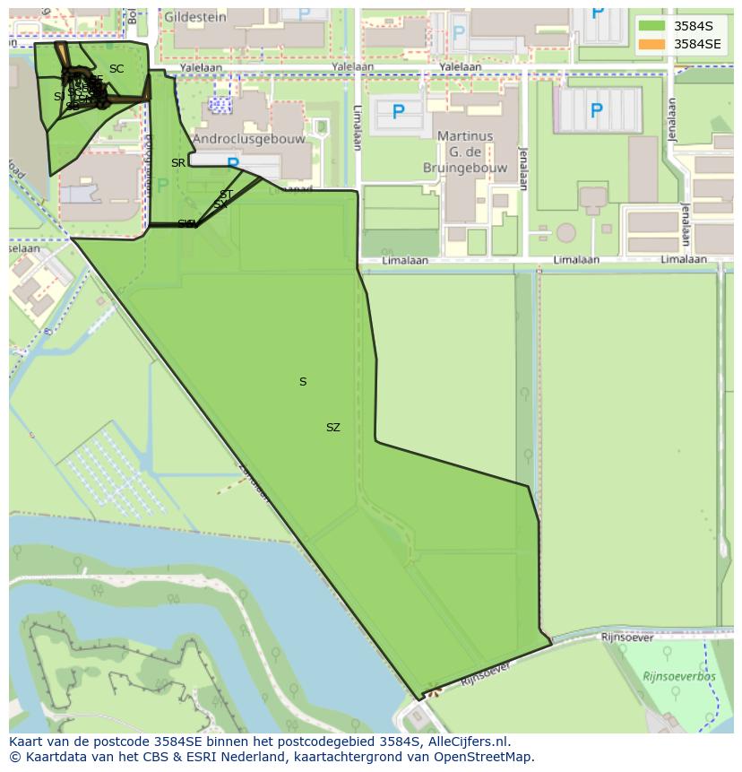 Afbeelding van het postcodegebied 3584 SE op de kaart.
