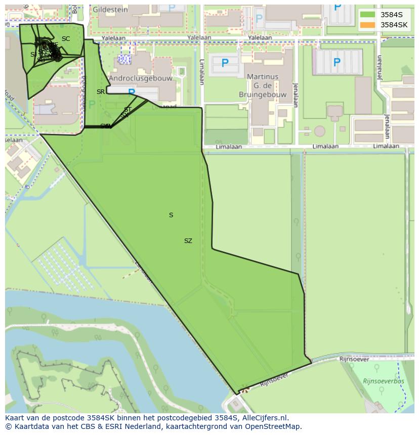 Afbeelding van het postcodegebied 3584 SK op de kaart.