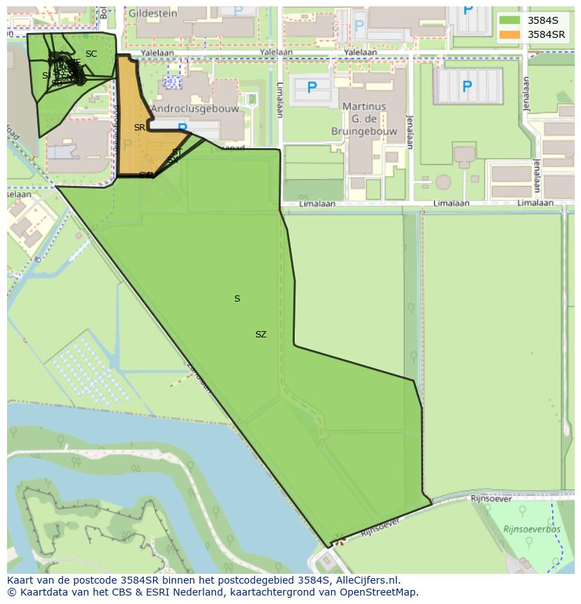 Afbeelding van het postcodegebied 3584 SR op de kaart.