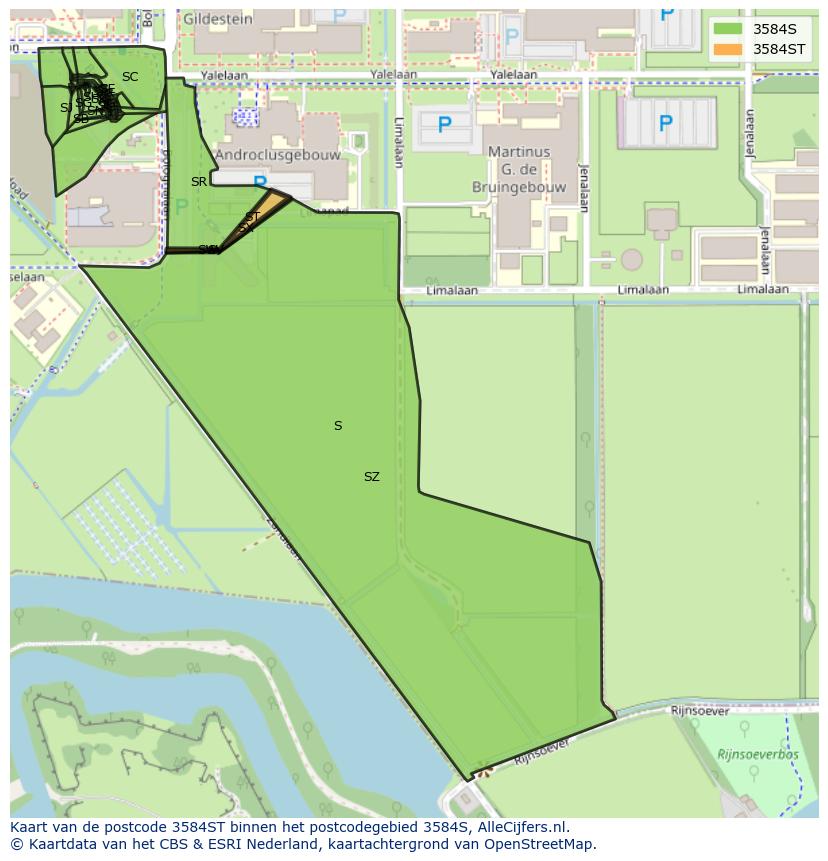 Afbeelding van het postcodegebied 3584 ST op de kaart.