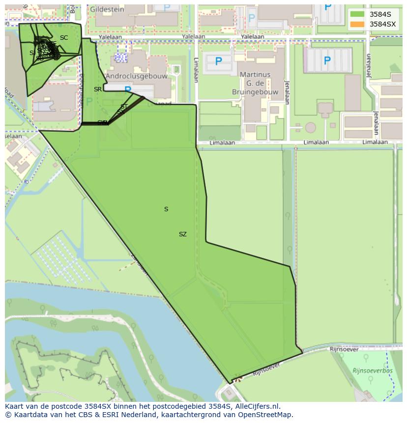 Afbeelding van het postcodegebied 3584 SX op de kaart.