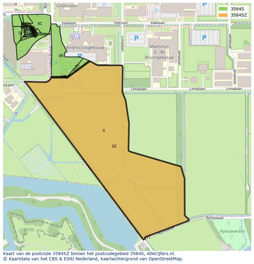Afbeelding van het postcodegebied 3584 SZ op de kaart.