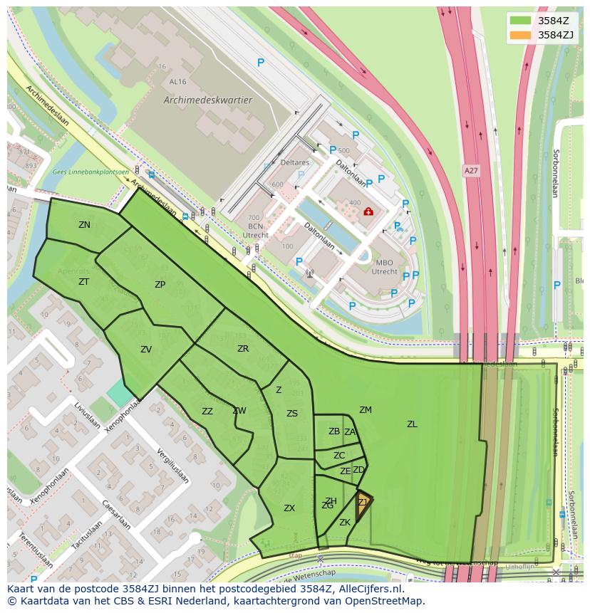 Afbeelding van het postcodegebied 3584 ZJ op de kaart.