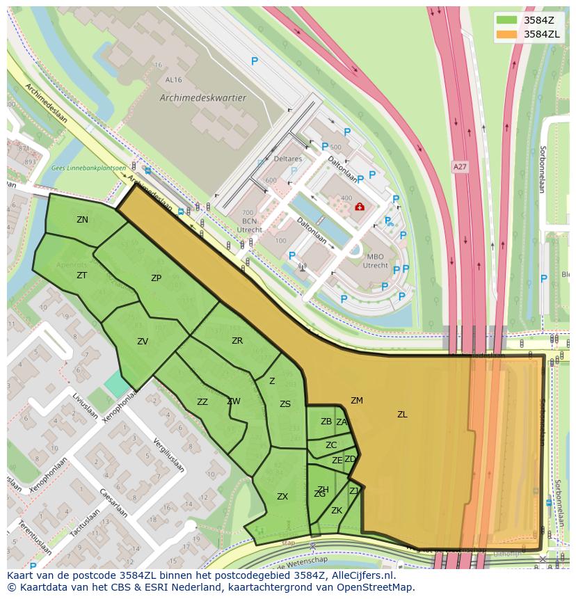 Afbeelding van het postcodegebied 3584 ZL op de kaart.