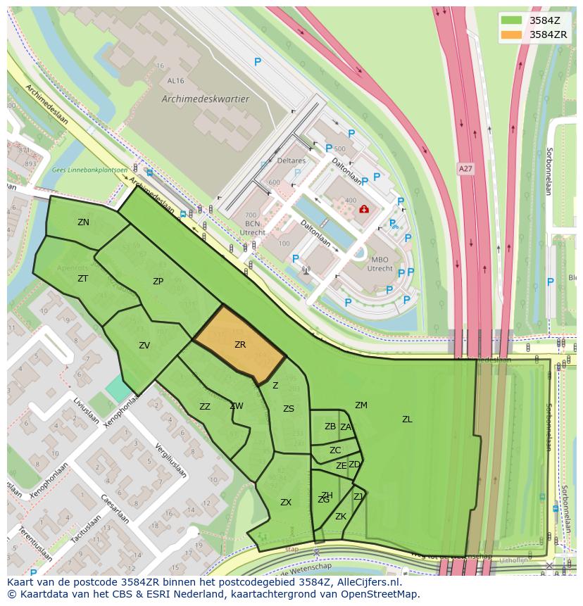 Afbeelding van het postcodegebied 3584 ZR op de kaart.