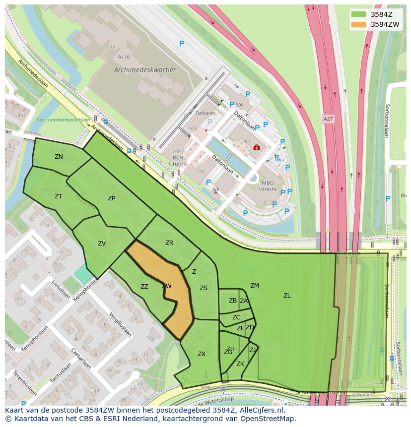 Afbeelding van het postcodegebied 3584 ZW op de kaart.