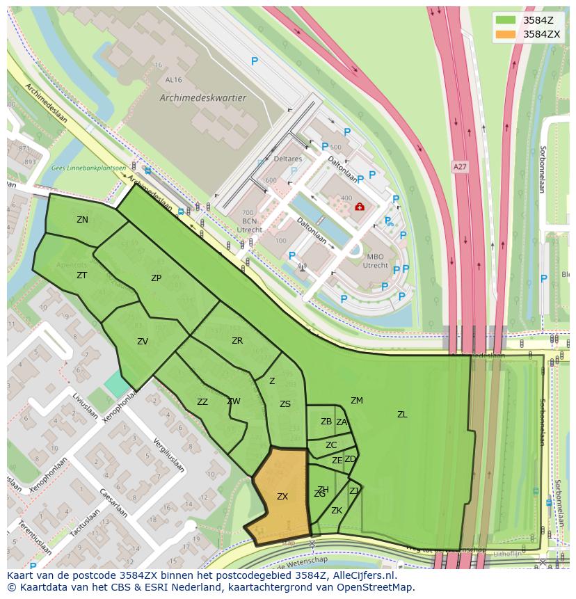 Afbeelding van het postcodegebied 3584 ZX op de kaart.