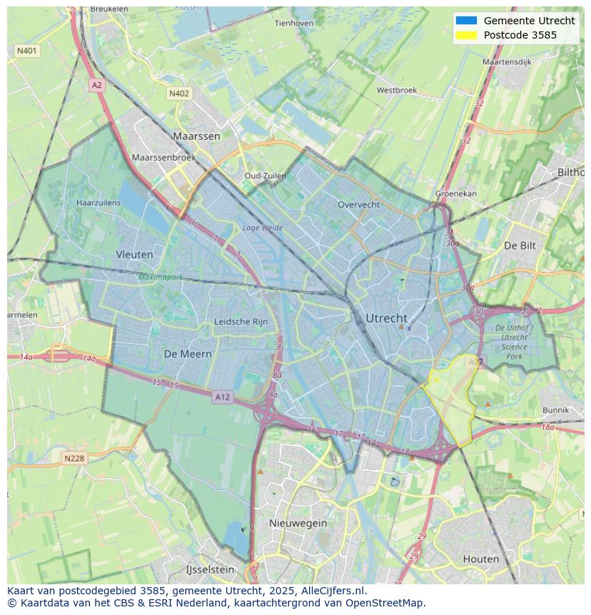 Afbeelding van het postcodegebied 3585 op de kaart.