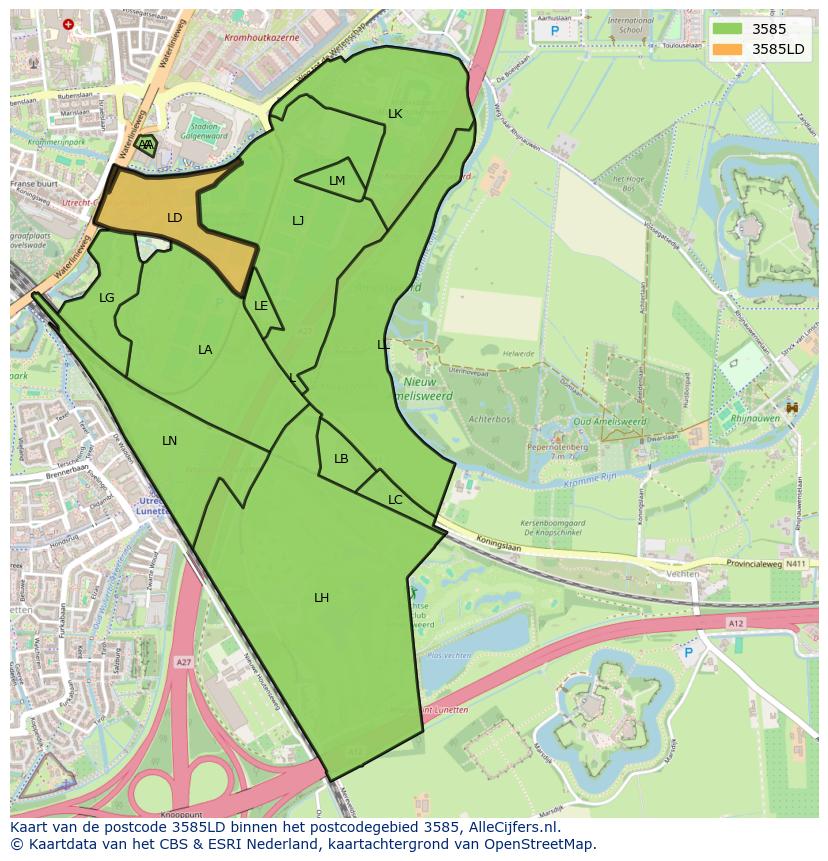 Afbeelding van het postcodegebied 3585 LD op de kaart.
