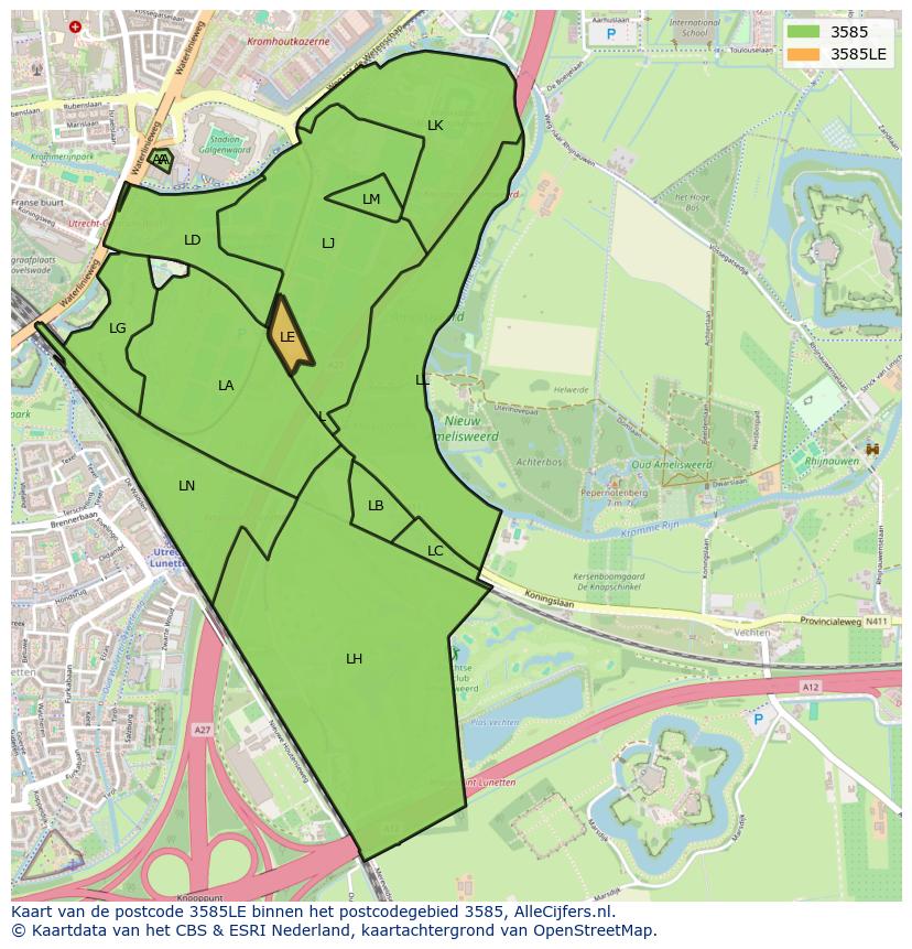 Afbeelding van het postcodegebied 3585 LE op de kaart.