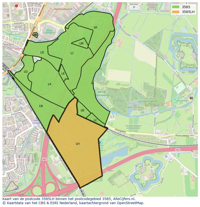 Afbeelding van het postcodegebied 3585 LH op de kaart.