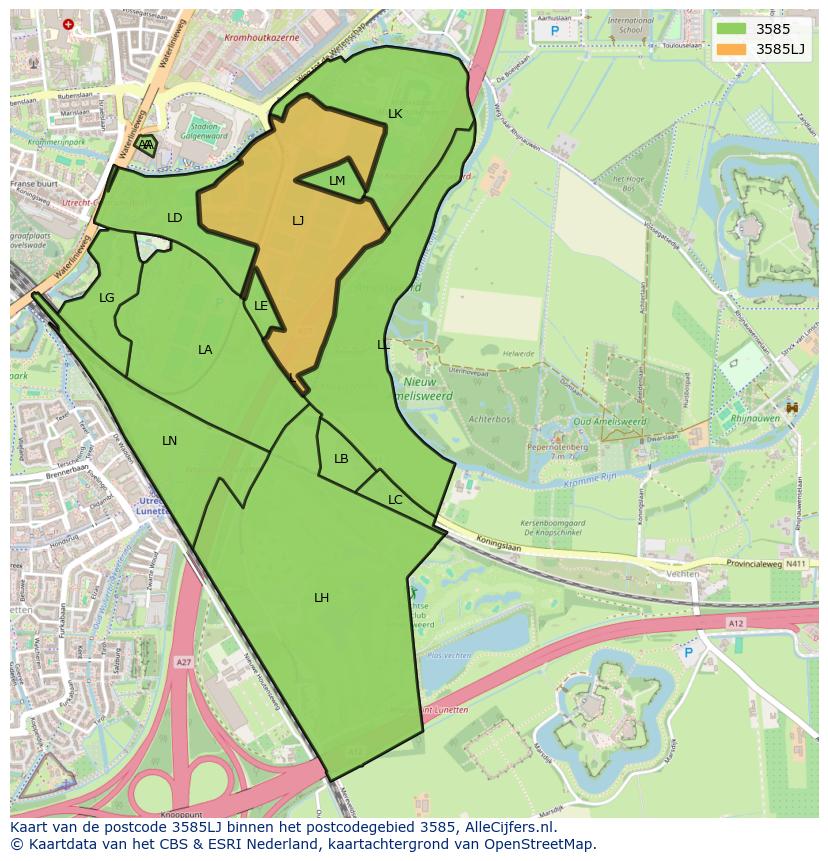 Afbeelding van het postcodegebied 3585 LJ op de kaart.