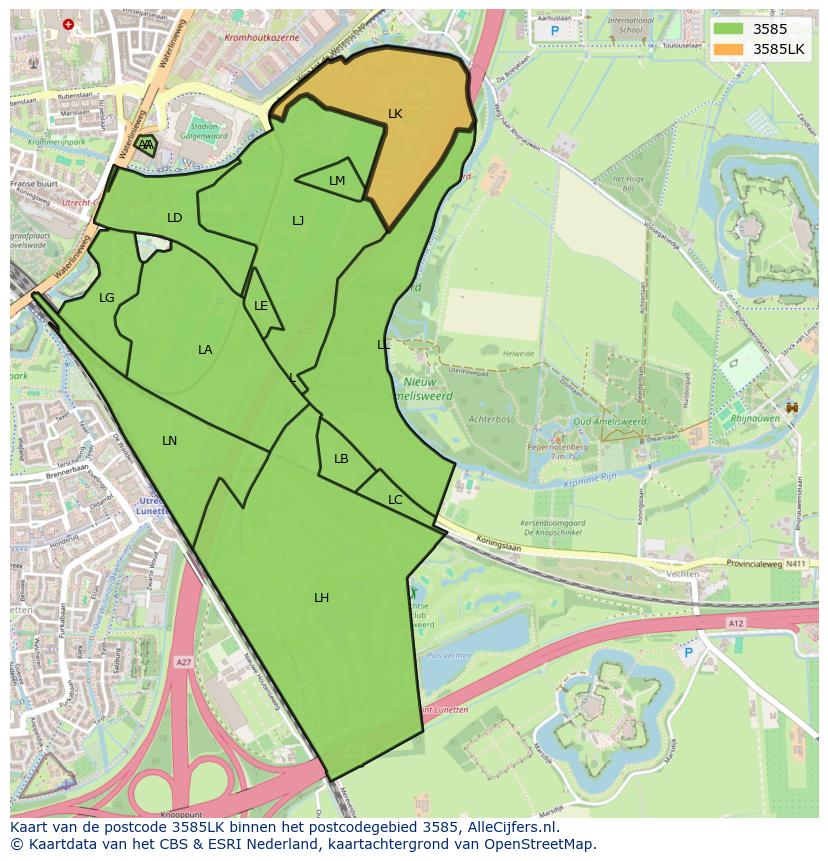 Afbeelding van het postcodegebied 3585 LK op de kaart.