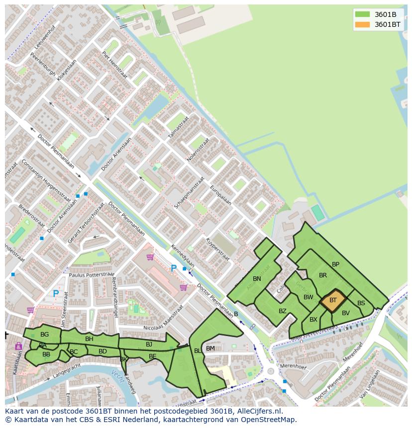 Afbeelding van het postcodegebied 3601 BT op de kaart.