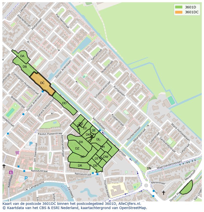 Afbeelding van het postcodegebied 3601 DC op de kaart.
