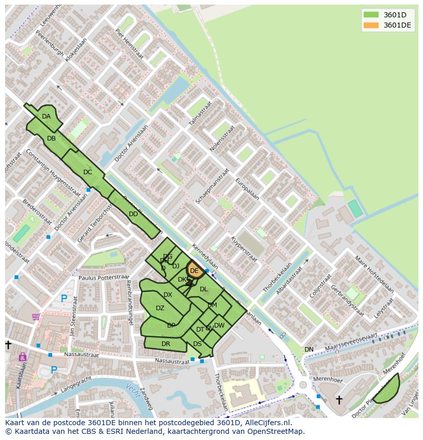 Afbeelding van het postcodegebied 3601 DE op de kaart.