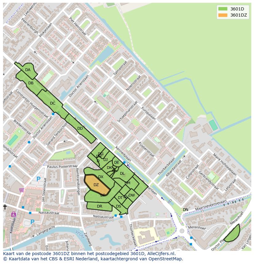 Afbeelding van het postcodegebied 3601 DZ op de kaart.