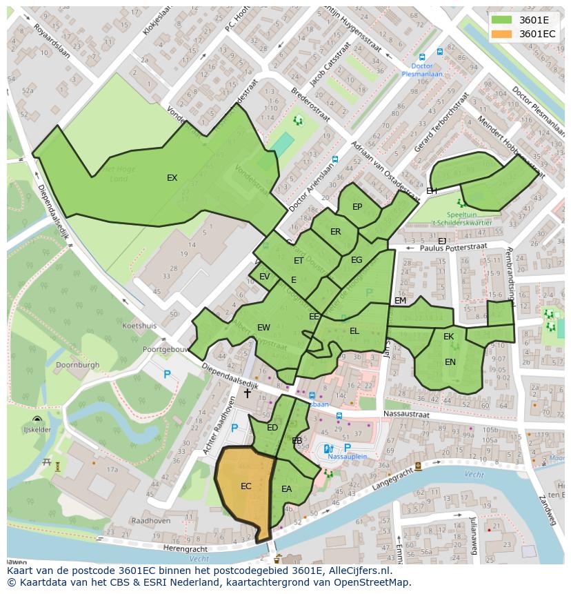 Afbeelding van het postcodegebied 3601 EC op de kaart.