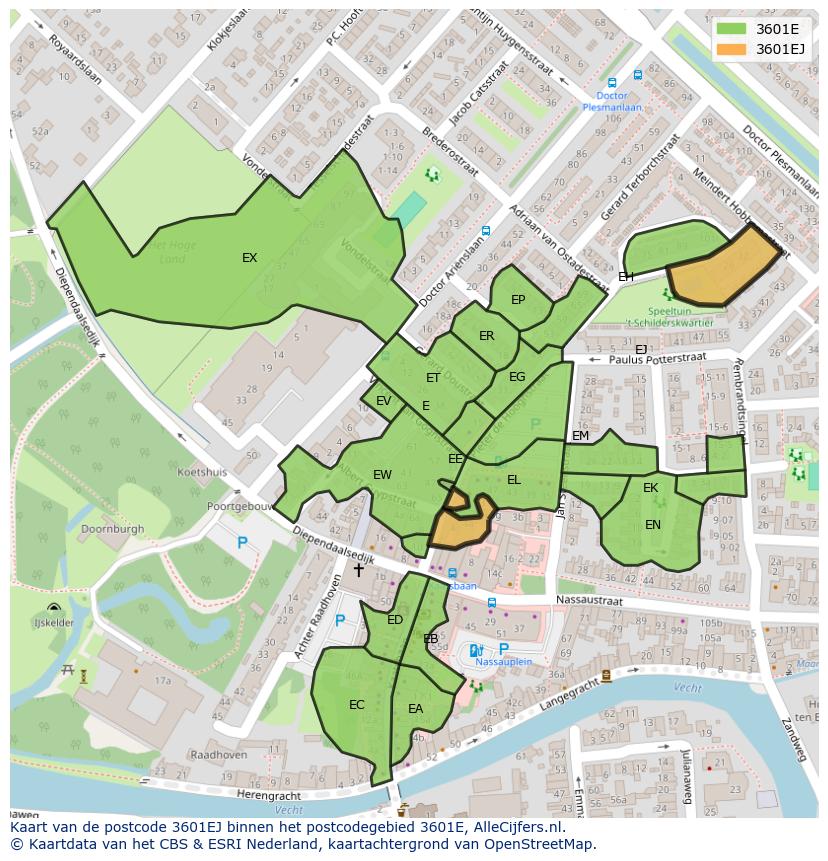 Afbeelding van het postcodegebied 3601 EJ op de kaart.