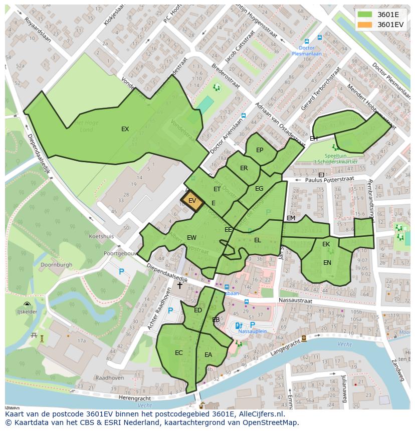 Afbeelding van het postcodegebied 3601 EV op de kaart.