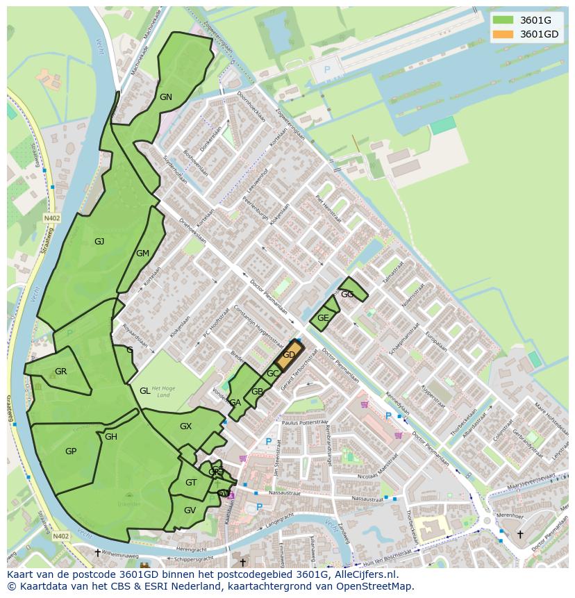 Afbeelding van het postcodegebied 3601 GD op de kaart.