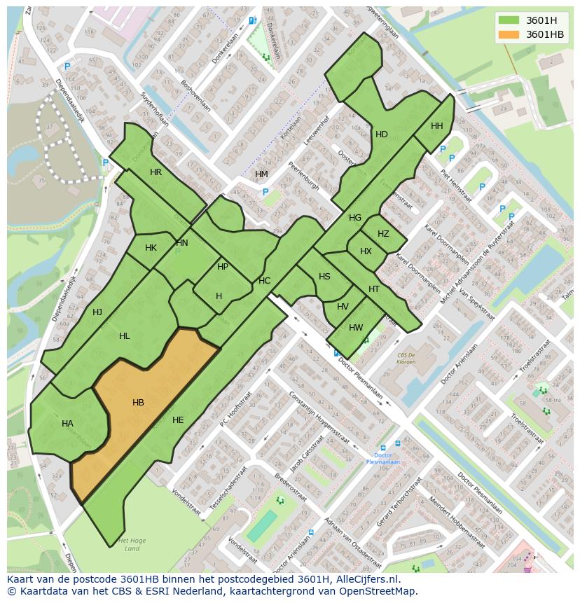 Afbeelding van het postcodegebied 3601 HB op de kaart.
